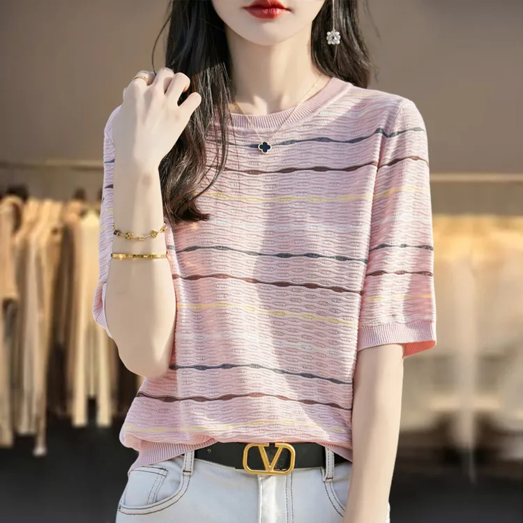 薄款冰丝针织衫条纹短袖t恤女夏季胖mm大码宽松巨遮肚子显瘦上衣