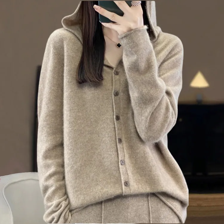 胖mm春秋大码羊毛针织开衫女宽松薄款2025早春新款连帽毛衣短外套