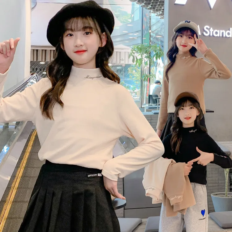 女童打底衫春秋装德绒上衣女大童半高领磨毛儿童长袖T恤秋冬内搭