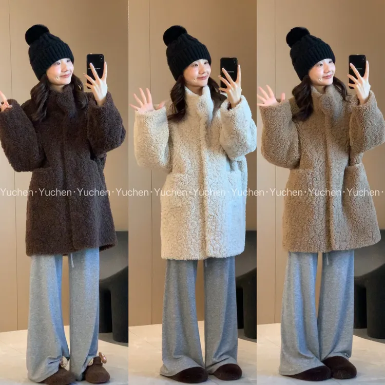 【Yuchen】毛绒立领宽松保暖皮毛一体外套~
