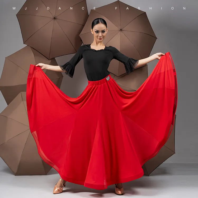 WJJdance国标舞大摆长裙女新款拼接网纱鱼骨裙摆斗牛摩登交谊舞裙