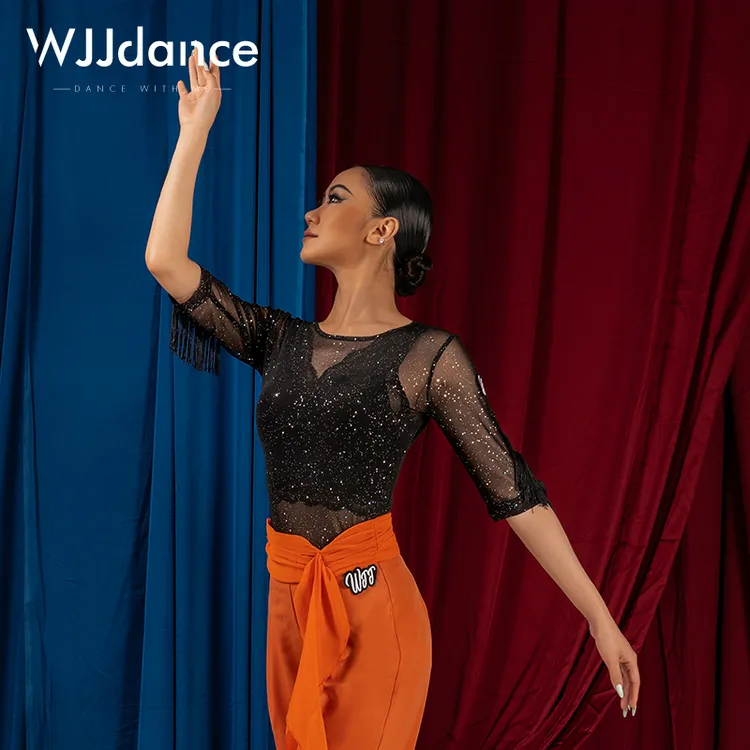 WJJdance国标舞上衣女成人2025新款短袖摩登网纱亮片交谊舞练功服