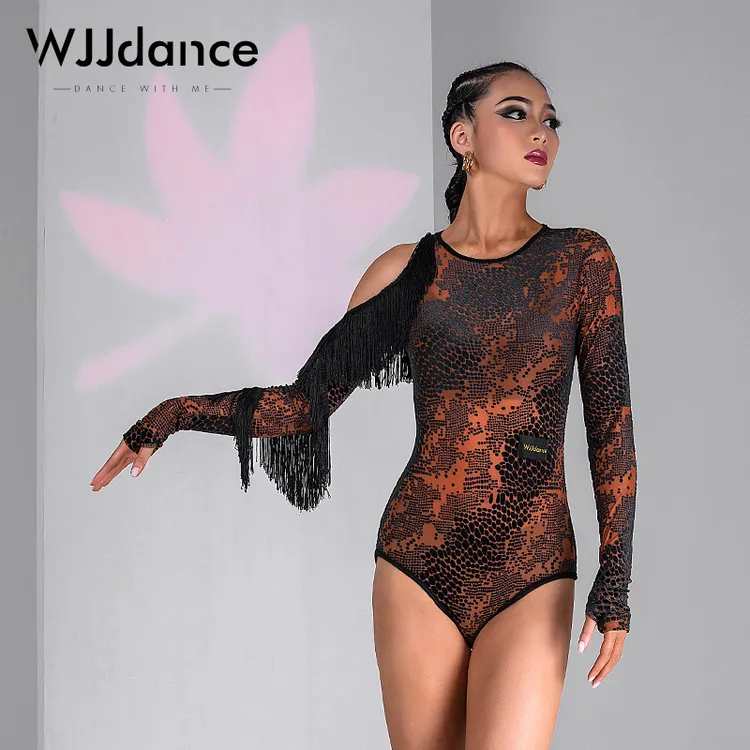 WJJdance拉丁舞连体上衣女2025新款丝绒露肩绕袖流苏国标练功服装
