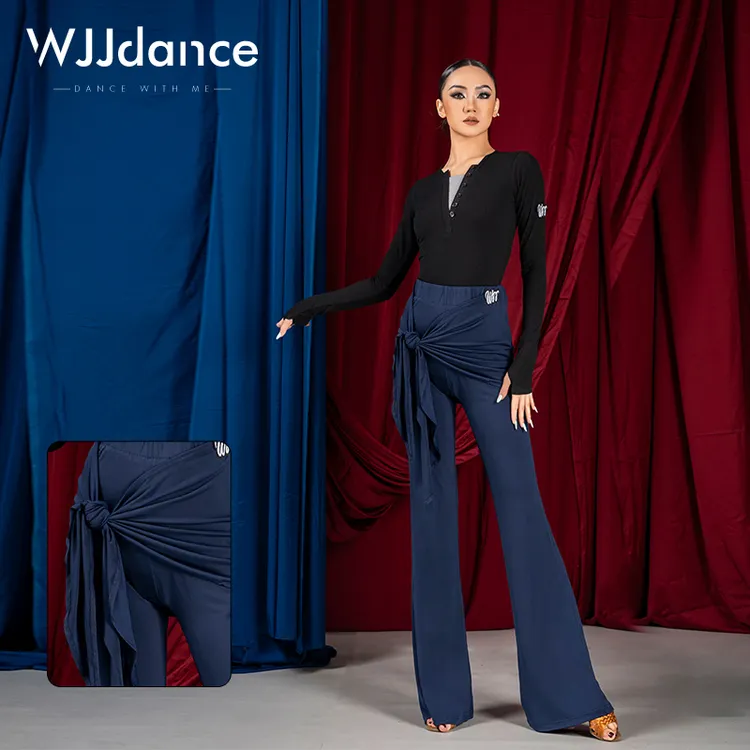 WJJdance拉丁舞长裤女2025新款高腰包臀系绑假两件微喇叭国标裤子