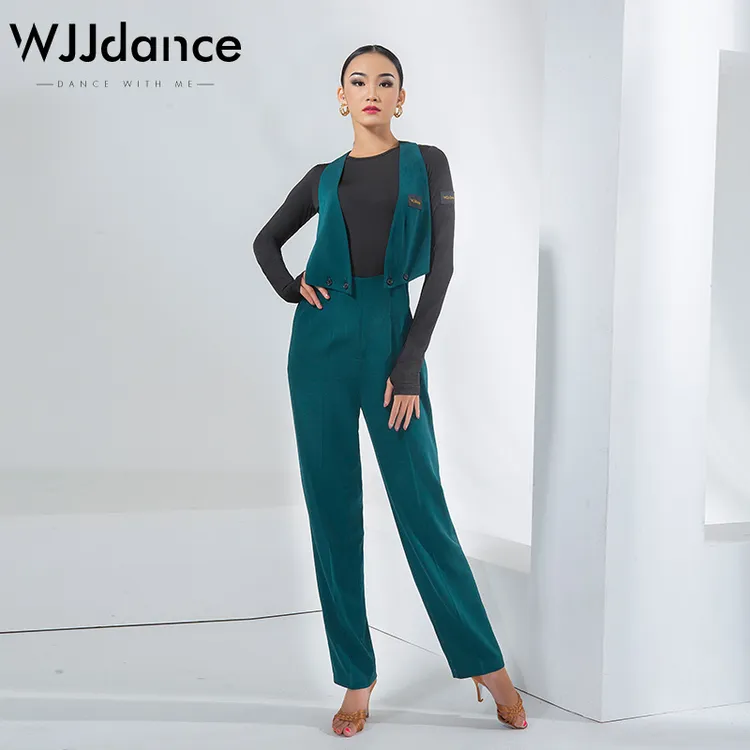 WJJdance拉丁舞裤子女新款高腰可拆卸宽背带长裤国标练功服