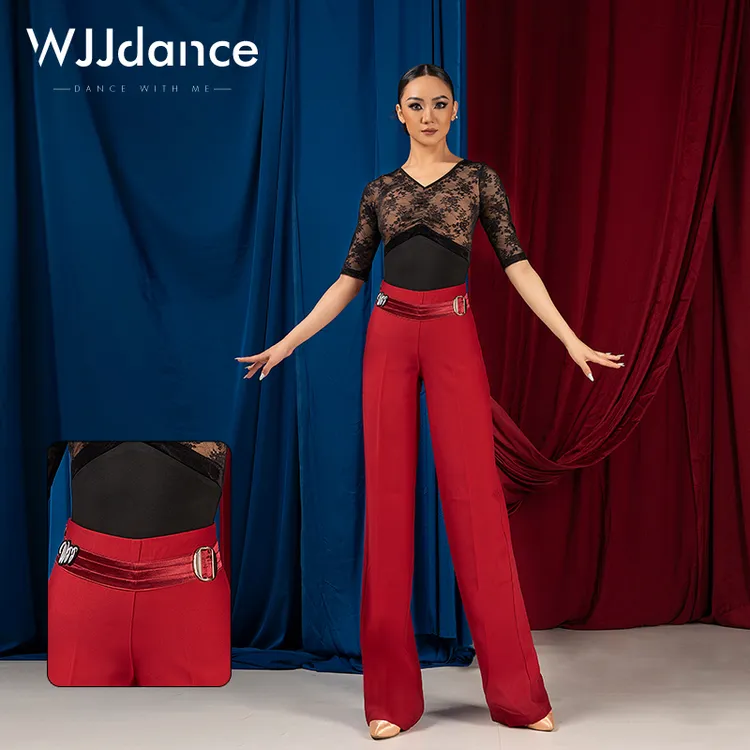 WJJdance国标舞裤子女2025新款高腰亮布金属扣摩登交谊长裤练功服