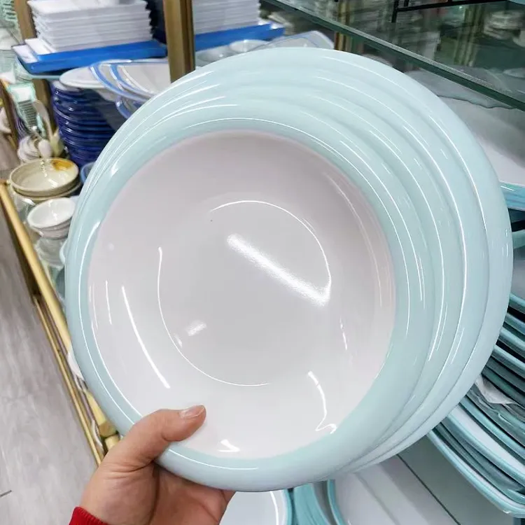 密胺网红饭店炒菜盘圆形自助餐盘餐厅宴席蓝白菜盘塑料烧烤凉菜盘