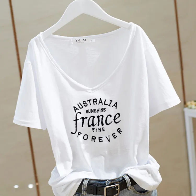 纯棉短袖t恤女205夏季新款韩版宽松上衣V领印花减龄打底衫潮女款