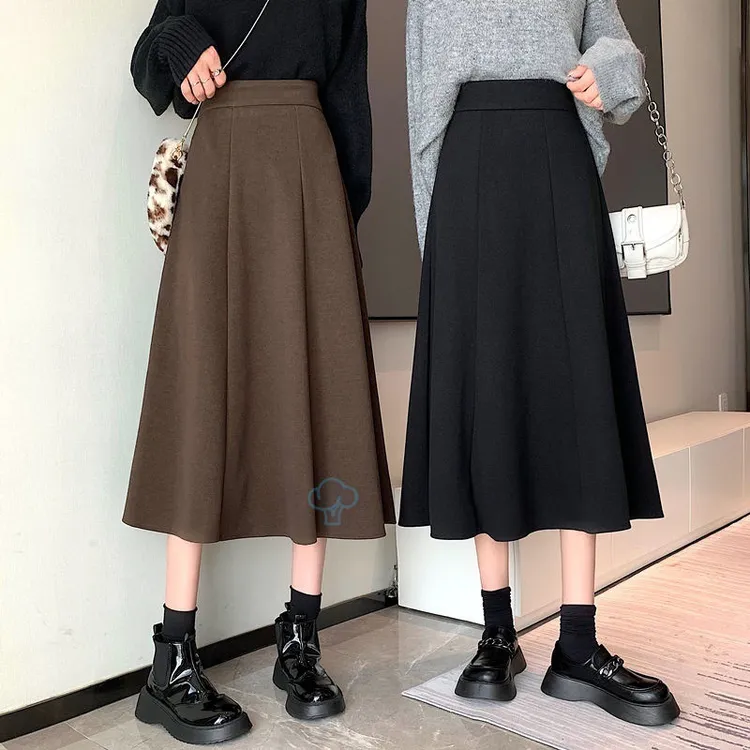 毛呢半身裙女秋冬2023年新款松紧时尚中长款A字黑色秋冬季裙子