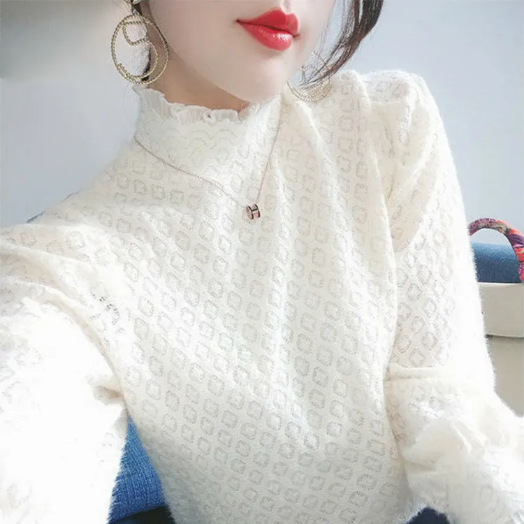 薄款/加绒半高领钩花长袖蕾丝衫女秋冬新款气质内搭打衫上衣冬季