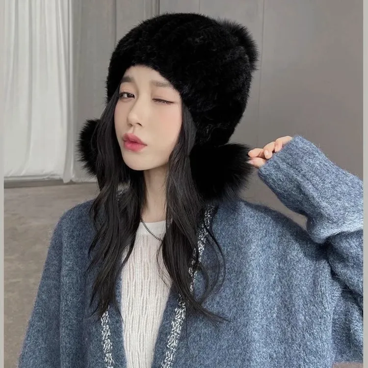 御姿裘｜水貂毛网红帽子冬天皮草编织女士加厚保暖帽针织帽毛线帽