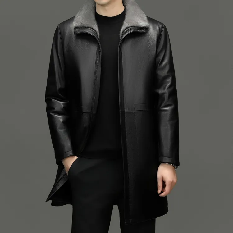 海宁男士山羊皮真皮秋冬季高档中长款加绒水貂毛皮大衣皮风衣外套