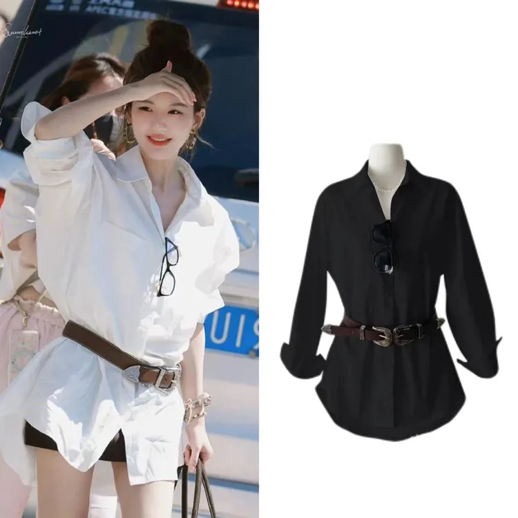 露思明星同款纯色polo领衬衫连衣裙女秋季新款收腰气质腰带短裙