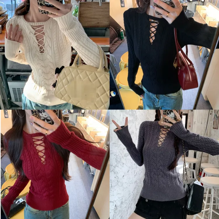 【多色现货发】麻花镂空收腰显瘦打底毛衣女秋冬修身内搭针织上衣