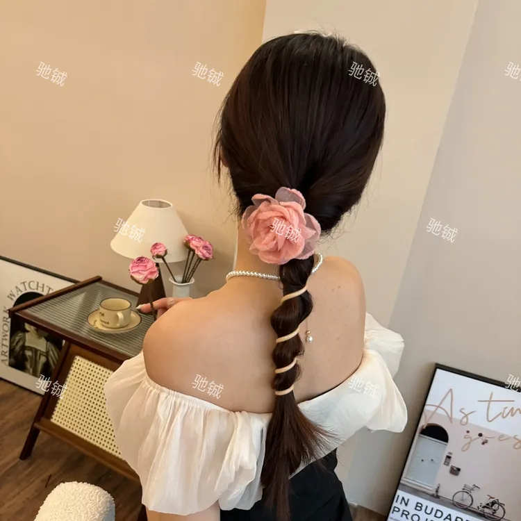 浪漫春夏~超仙花朵电话线发圈女生泡泡辫编发神器网纱花朵发绳