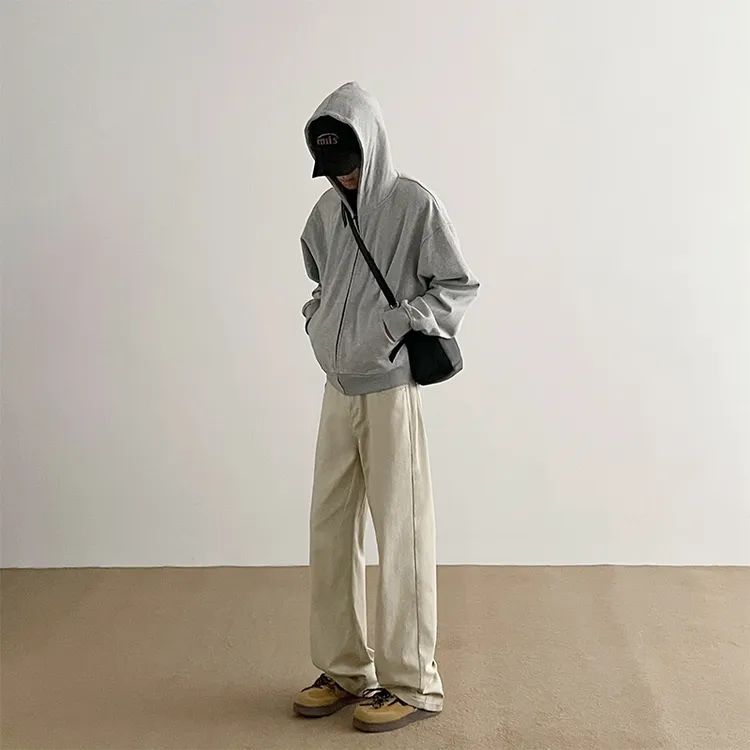 秋季新款100%纯棉美拉德休闲裤男美式直筒宽松百搭阔腿长裤子男