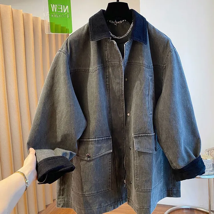 韩国东大门灯芯绒拼接深色百搭牛仔外套女春秋翻领中长款ins上衣
