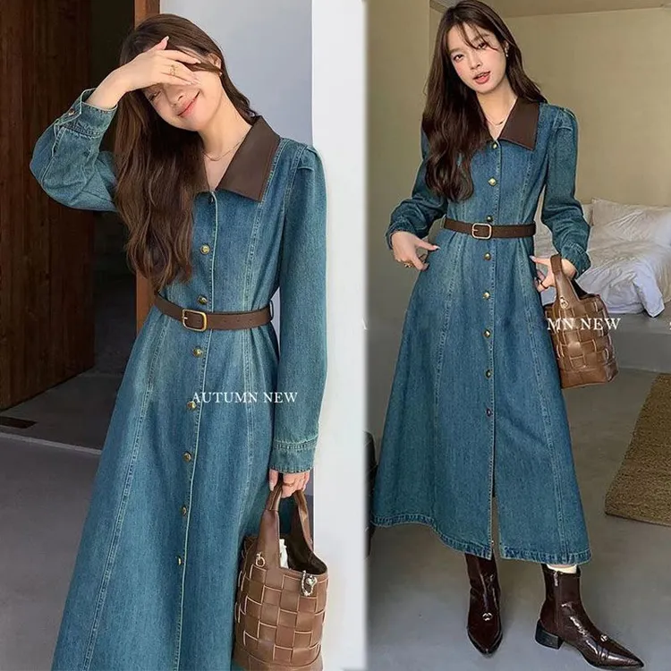 高级感超好看拼领牛仔连衣裙2023新款长袖收腰显瘦法式复古a字裙