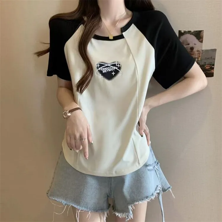 大码女装小众圆领正肩拼接短袖t恤女夏季宽松遮肚子显瘦百搭上衣
