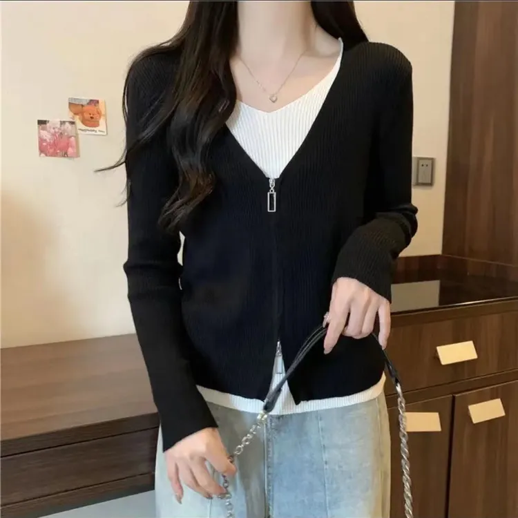 【80-180斤】秋季女装拼接时尚气质显瘦休闲拼色假两件针织衫LL