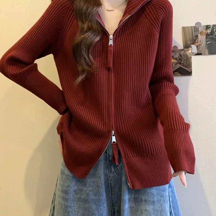 安可拉红色翻领针织开衫毛衣外套大码女装秋冬新款双拉链上衣