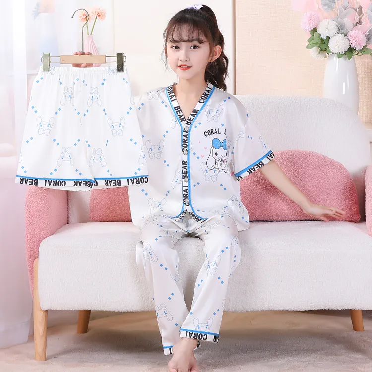 儿童夏季睡衣女童中大童冰丝薄款女孩宝宝短袖甜美卡通家居服套装
