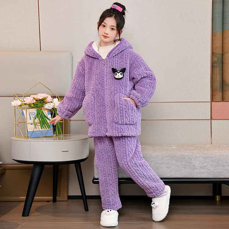 女童冬季加绒加厚睡衣3-16岁女孩中大童小童外穿保暖家居服套装