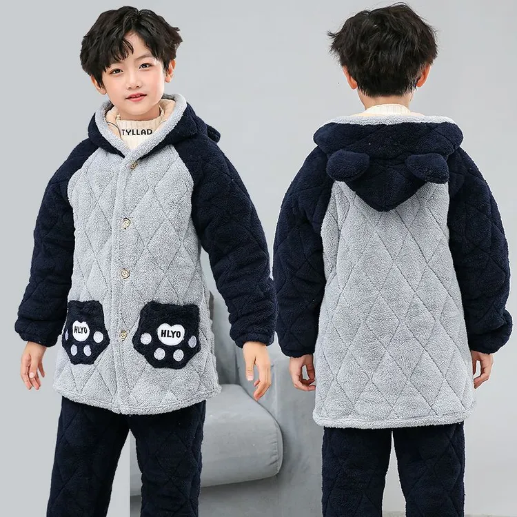儿童冬季加绒加厚家居服套装男童女童三层夹棉家居服保暖套装