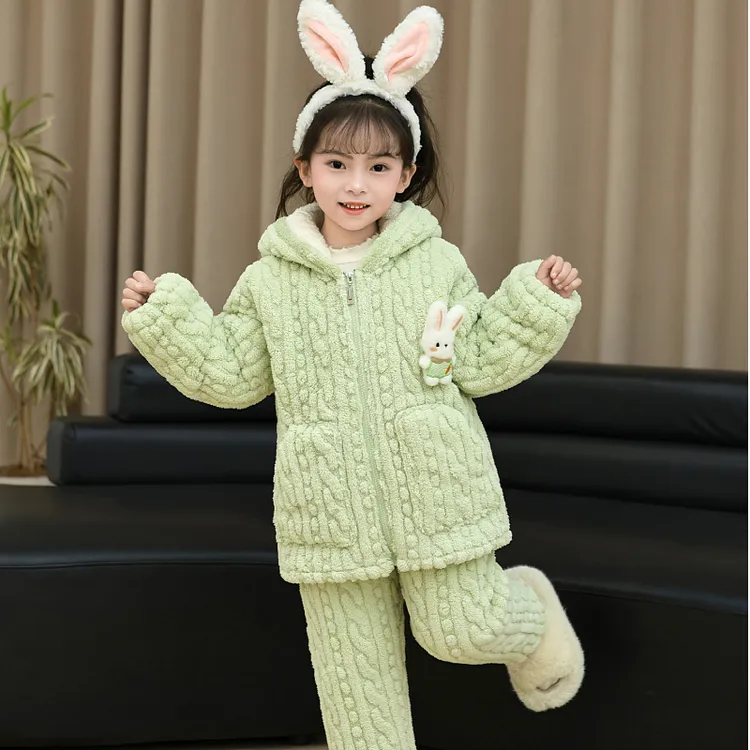 儿童冬季三层加绒加厚睡衣女孩中大童法兰绒保暖外穿家居服套装
