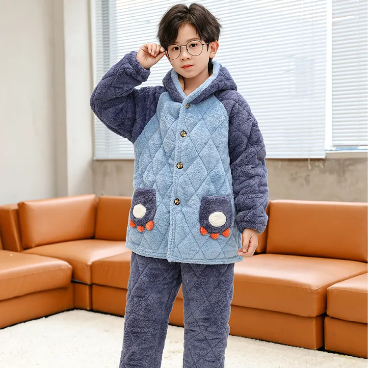 儿童冬季三层加厚睡衣男童中大童小孩加绒保暖夹棉卡通家居服套装