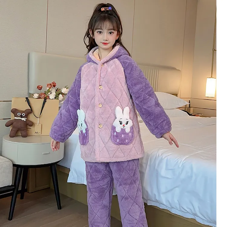 儿童冬季三层加厚睡衣女童男童中大童夹棉加绒保暖卡通家居服套装