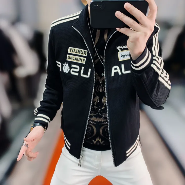 阿凯严选  高品质秋冬新款男士潮流时尚帅气翻领刺绣修身欧货外套