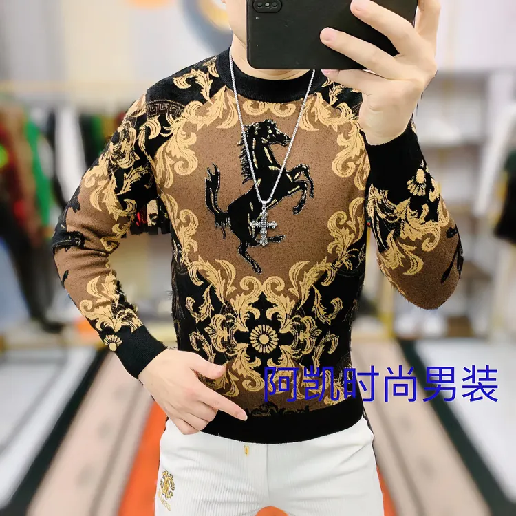 阿凯  欧洲站秋冬新款男士潮流时尚修身高弹个性摩卡绒毛衣打底