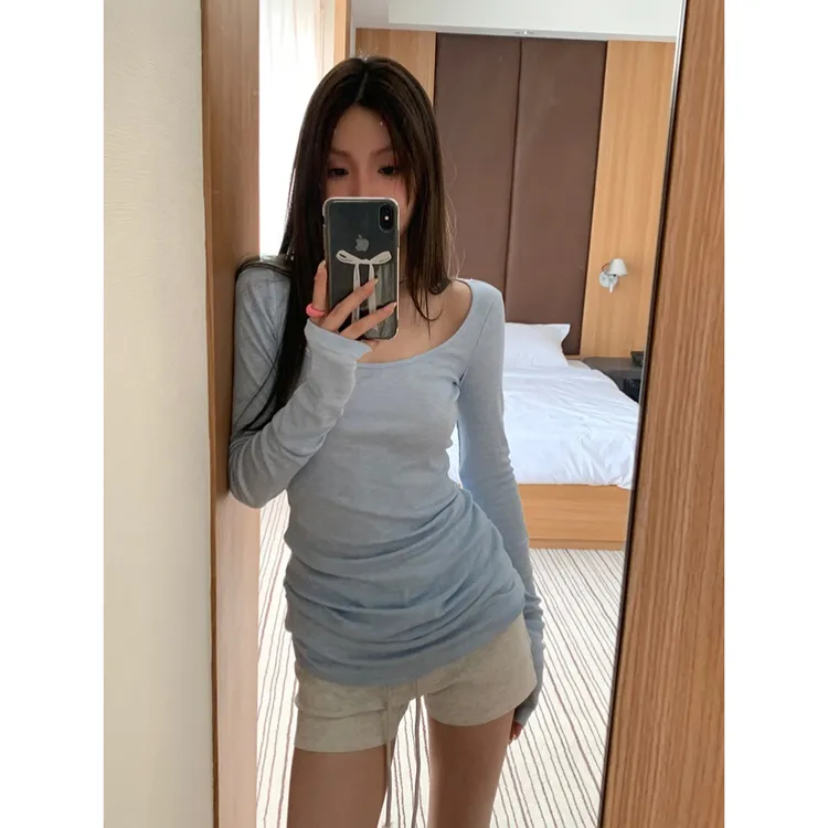 【运补6】蓝色长袖T恤女夏季2024新款设计感小众修身薄款罩衫辣妹