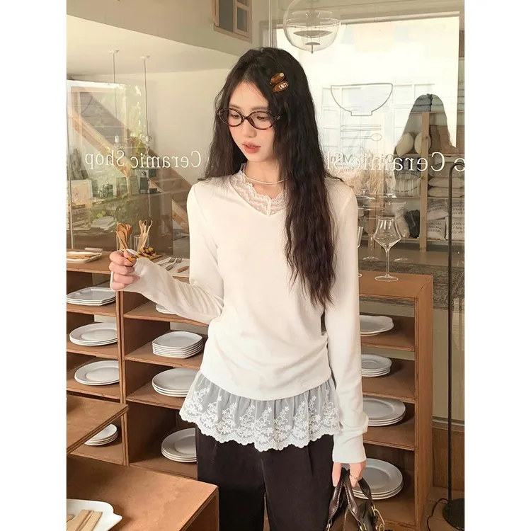 复古温柔风甜美高级感蕾丝花边内搭叠穿打底衫长袖