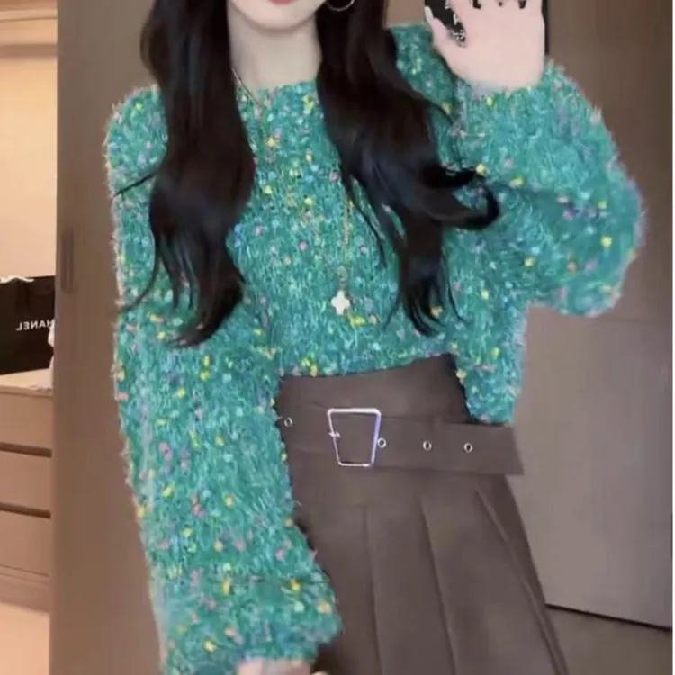 韩范时尚春秋不规则彩色点点毛球套头针织毛衣宽松显瘦百搭上衣潮