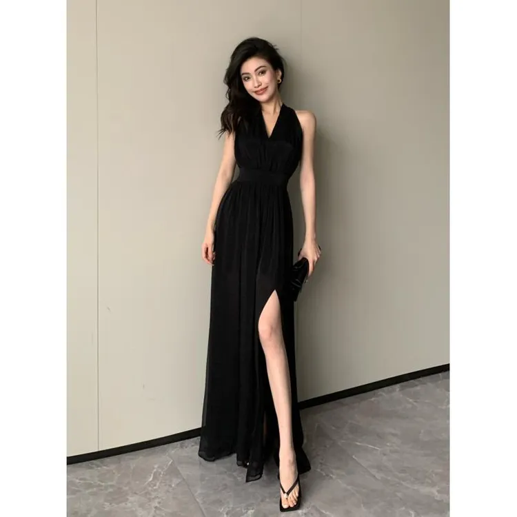 JIJINQI气质显瘦开叉连衣裙夏季新款法式高腰轻奢裙子 JINQC0516