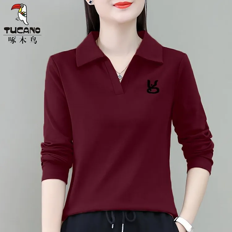清仓捡漏啄木鸟品牌大码春秋季长袖T恤女时尚百搭修身翻领打底衫
