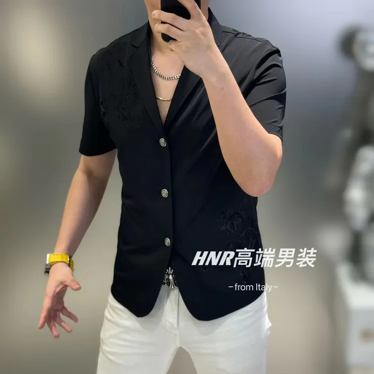 烫钻花卉图案2024新款男士短袖轻奢休闲百搭高品质T恤西服23831