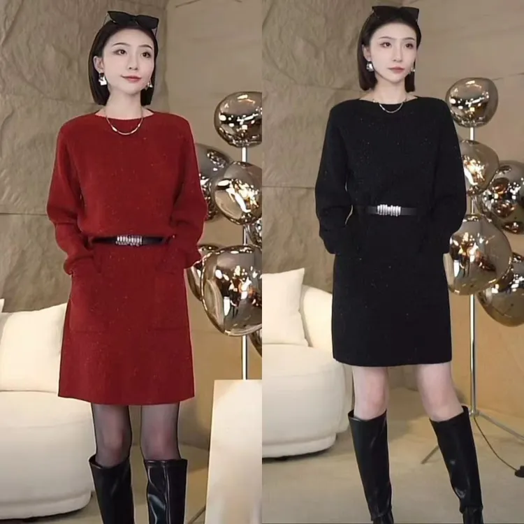 法式高级感一字领气质针织连衣裙女秋冬百搭收腰配大衣内搭毛衣裙