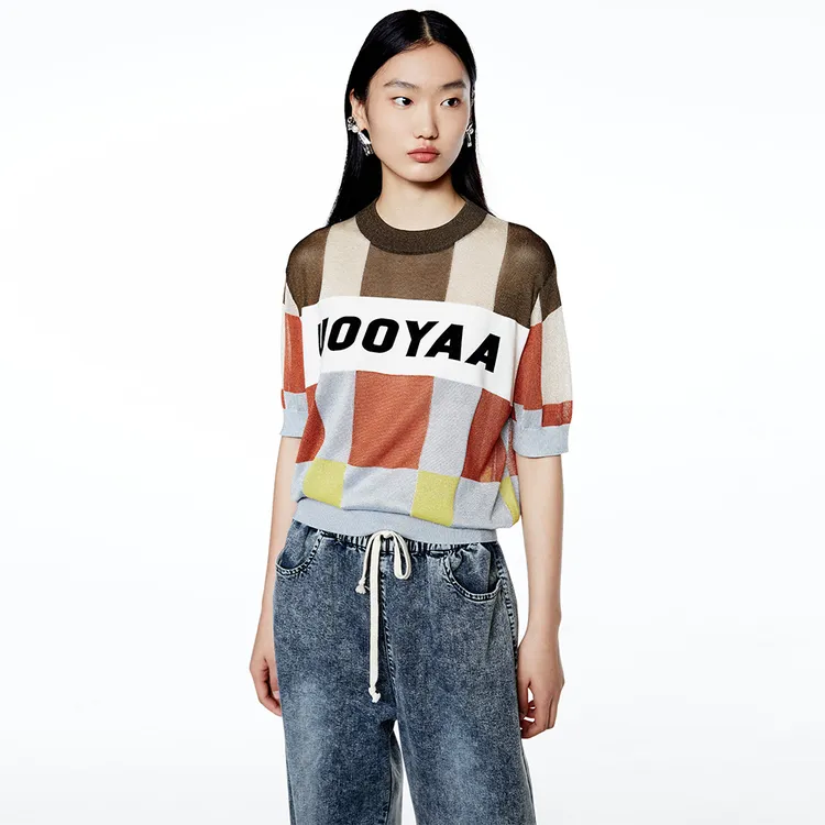 UOOYAA/乌丫夏季经典复古亮丝圆领提花彩色棋盘格套头毛衫T恤9026
