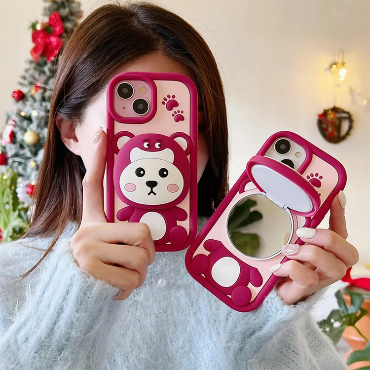 【适用苹果】草莓熊镜子支架手机壳iphone15全包14防摔13硅胶12可爱