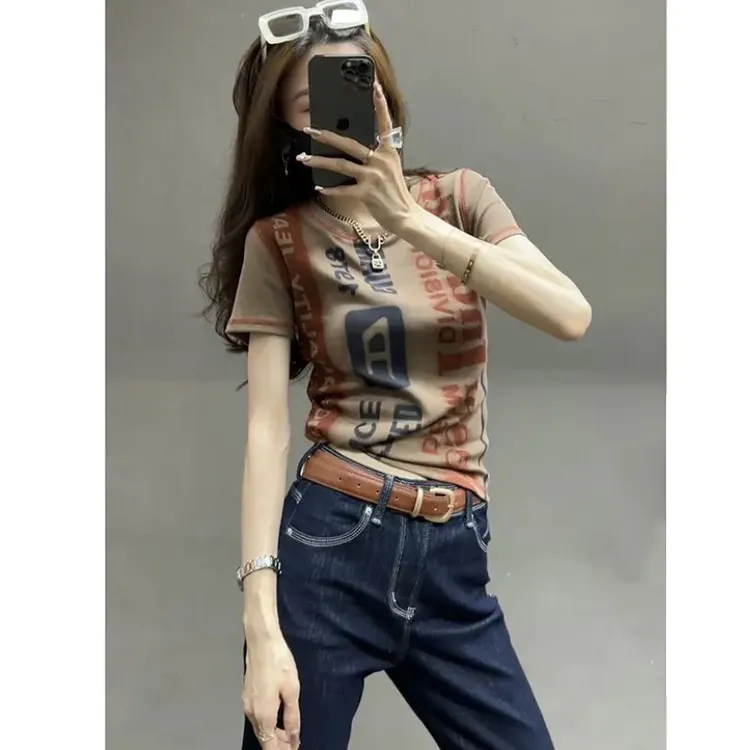 欧货2025夏季新款字母印花短袖打底t恤女时尚明线圆领显瘦上衣