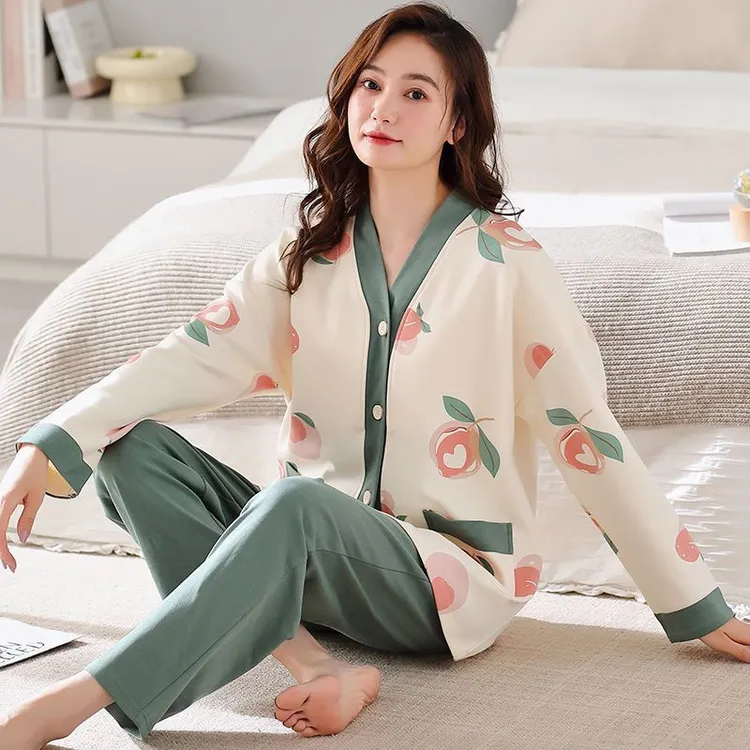 特大码5XL-6XL春秋长袖纯棉睡衣女开衫和服加肥宽松薄款胖mm套装