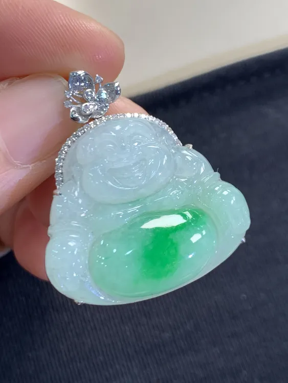 18K镶嵌缅甸A货翡翠大肚阳绿绿佛俏色冰阳绿