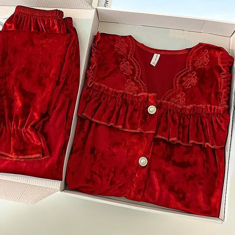 睡衣女秋冬季大红色喜庆新婚新年金丝绒薄绒纯色高级感家居服套装