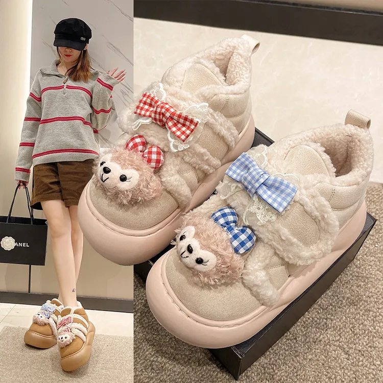 2025冬季时尚外穿雪地靴可爱卡通雪莉玫棉鞋女舒适加绒加厚魔术贴