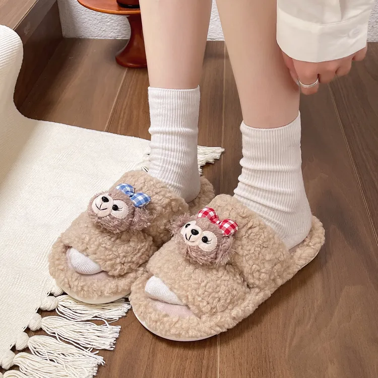 新款卡通秋冬季雪莉玫棉拖鞋一字防滑可爱毛绒保暖防滑居家室内女