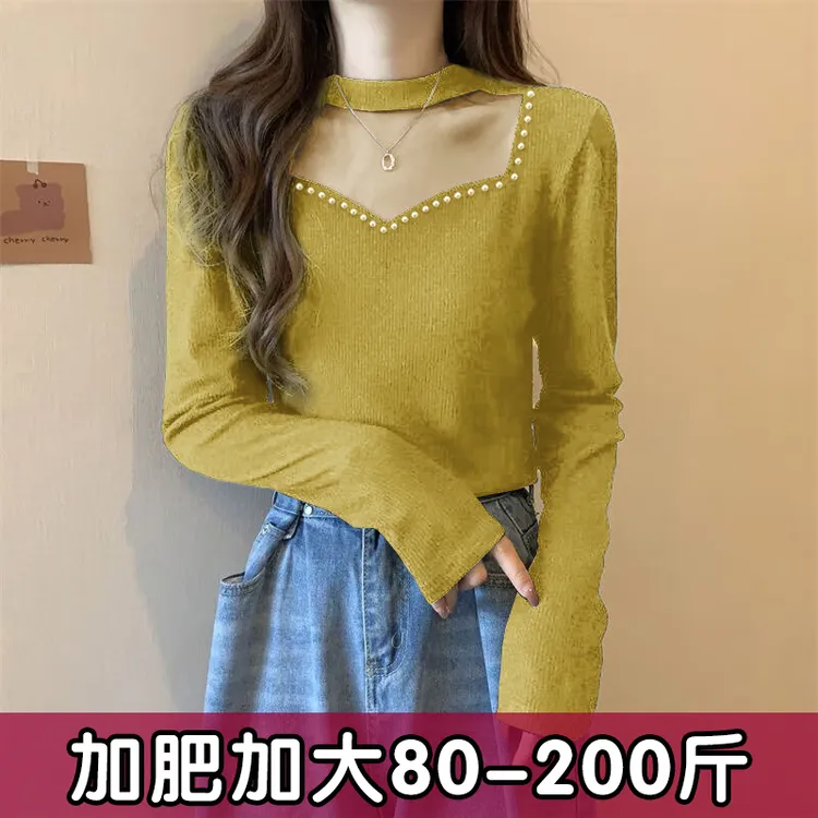 大码设计感钉珠V领网纱拼接打底单穿上衣307