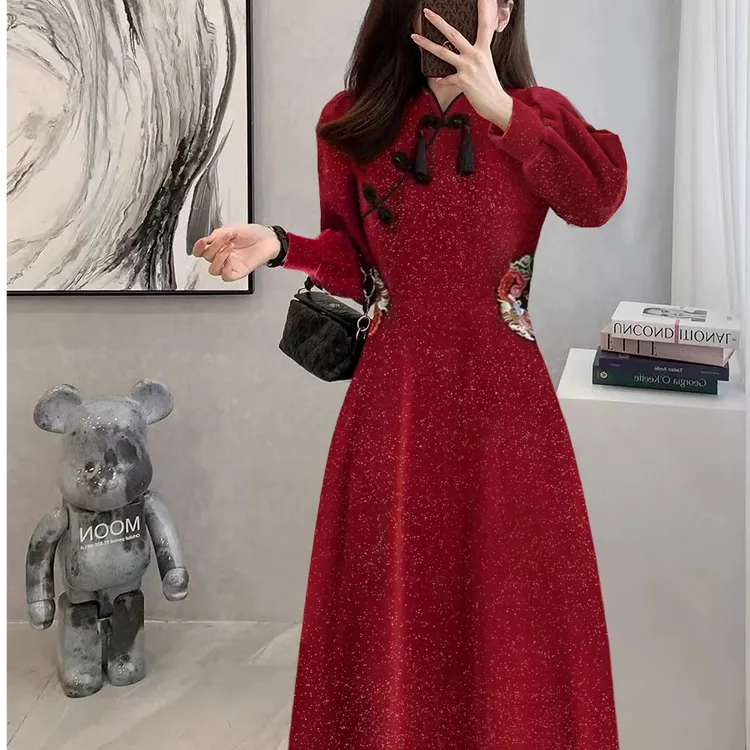 甜酷辣秋冬小香风加厚改良A字旗袍连衣裙 3520